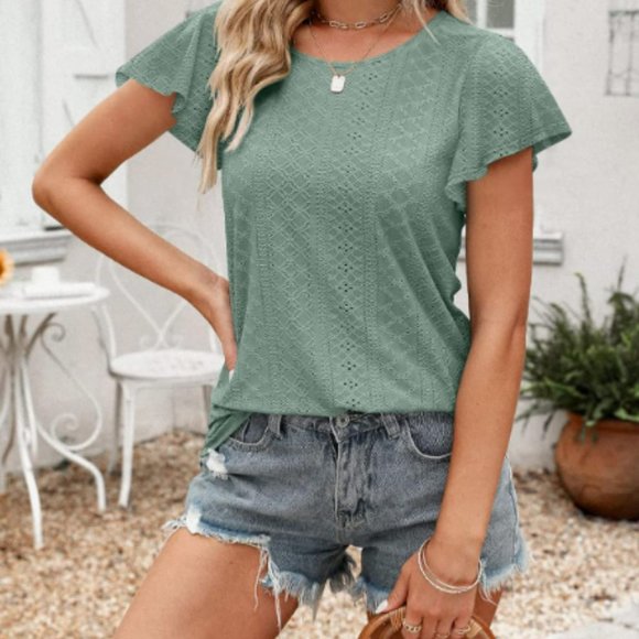 NWT Ruffle Sleeve Crewneck T-shirt Casual Blouse - Picture 1 of 5